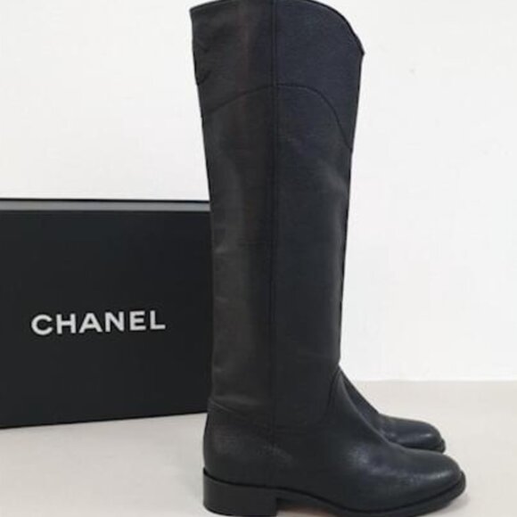 Chanel Black Leather Interlocking CC Logo Riding Midcalf Boots Size 39 - Picture 1 of 8